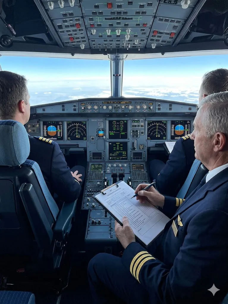 Check captain observing flight crew during line check as part of ongoing pilot training and assessment programme