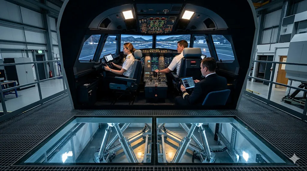 Two pilots in full-motion Level D flight simulator during pilot training with instructor observing from jump seat