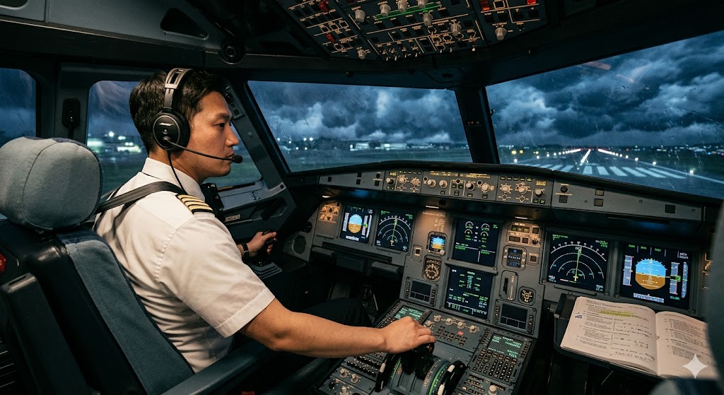 Pilot in full-motion flight simulator cockpit during training for emergency scenarios
