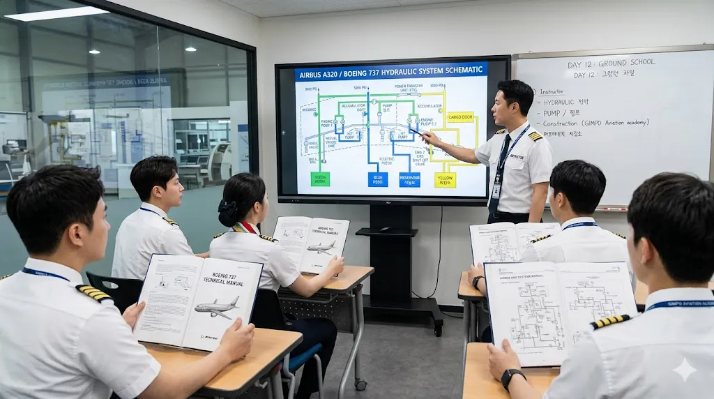 Pilot training type rating ground school classroom with student pilots studying aircraft systems diagrams