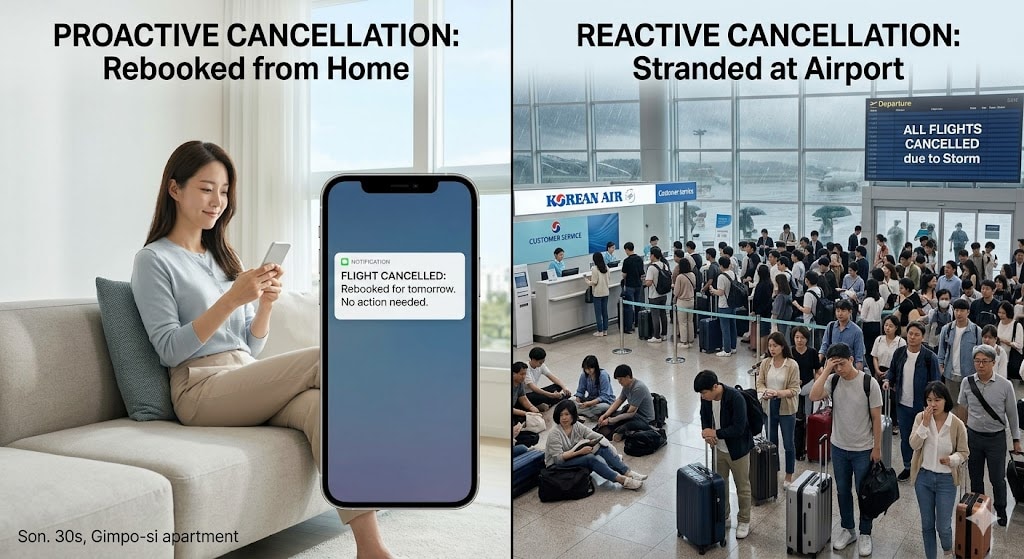 Split scene showing calm passenger at home receiving cancellation notification versus chaotic crowded airport with stranded passengers during storm