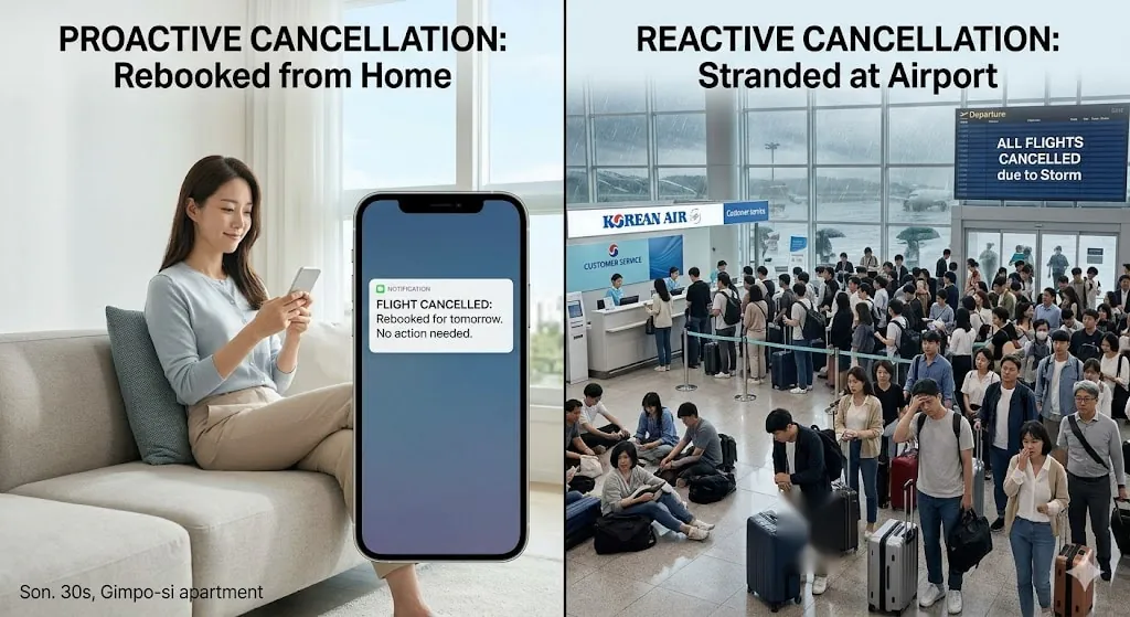 Split scene showing calm passenger at home receiving cancellation notification versus chaotic crowded airport with stranded passengers during storm