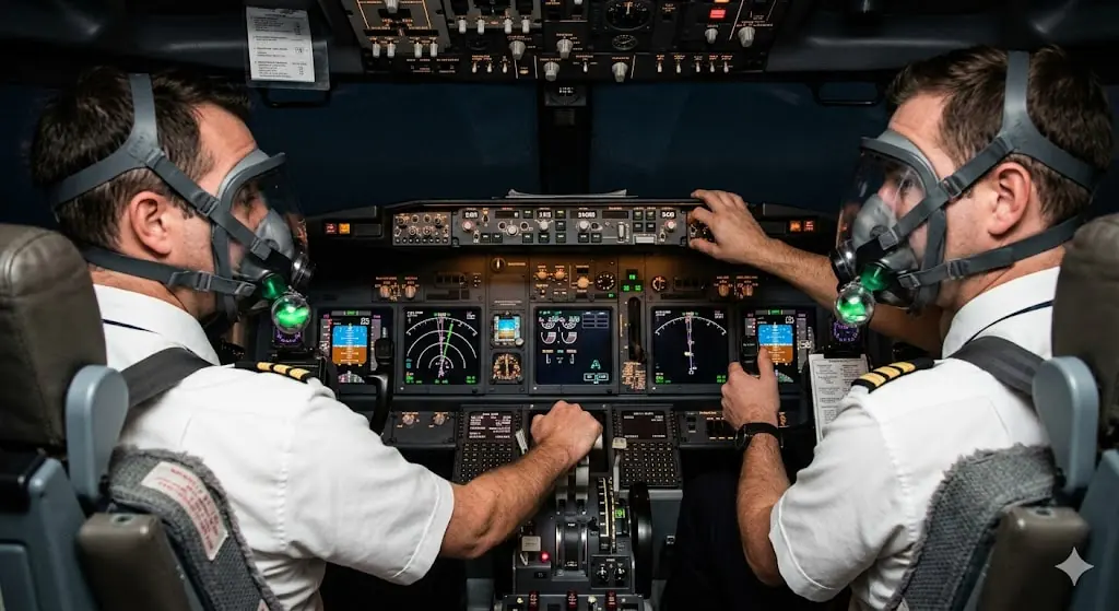 Commercial aircraft pilots wearing oxygen masks during emergency descent following rapid decompression