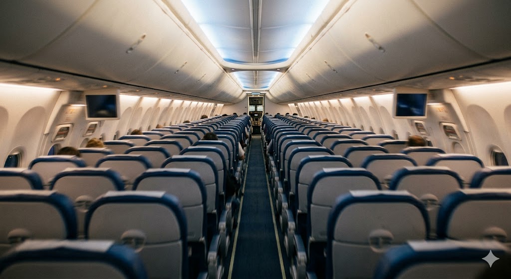 View from rear of aircraft cabin looking forward, showing the distance from wings where passengers feel more turbulence than the best seat on a plane over wings
