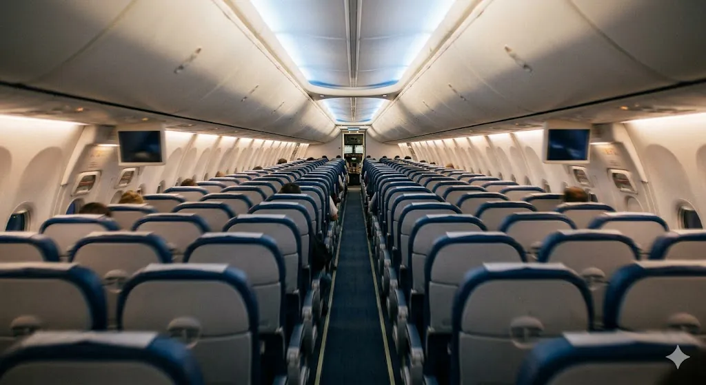 View from rear of aircraft cabin looking forward, showing the distance from wings where passengers feel more turbulence than the best seat on a plane over wings