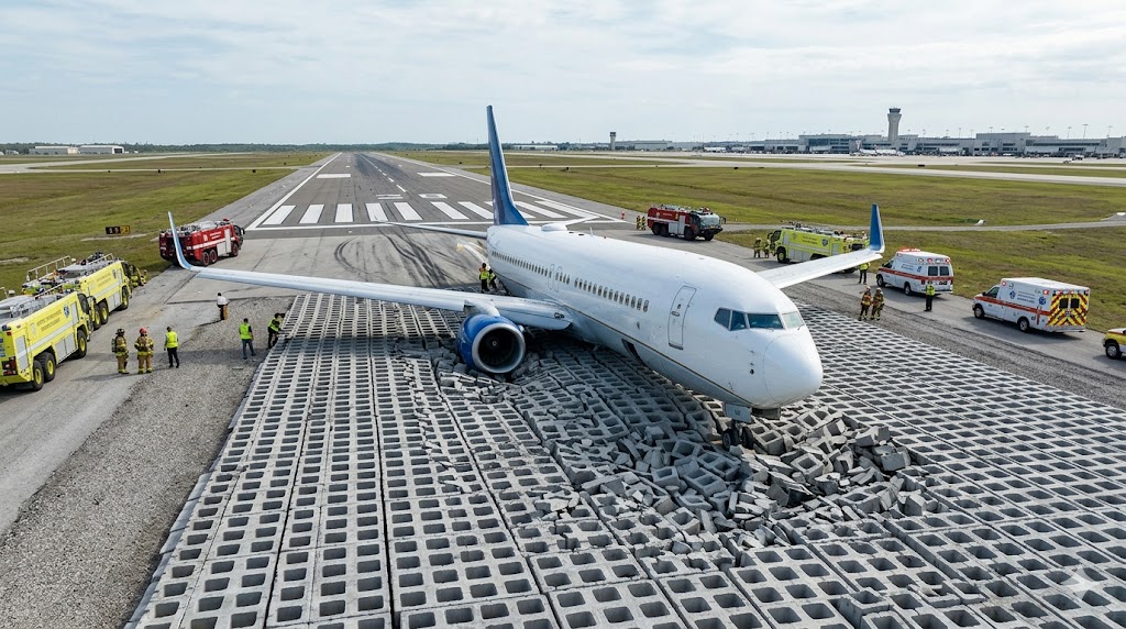 Commercial aircraft stopped in EMAS arresting bed after runway excursion overrun, emergency vehicles surrounding the aircraft