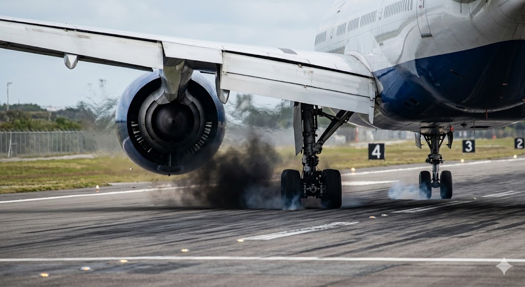 Commercial aircraft in maximum autobrake and full reverse thrust immediately after touchdown to prevent runway excursion on short runway