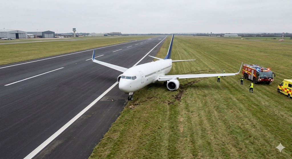 Commercial aircraft stopped on grass safety area after runway excursion veer-off with emergency vehicles arriving