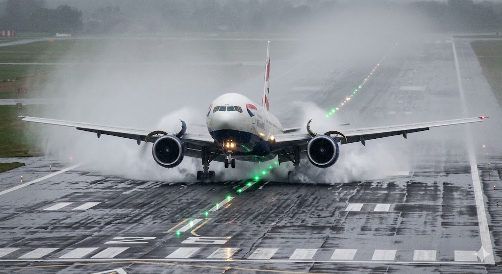 Commercial aircraft touching down on wet contaminated runway with thrust reversers deployed and water spray indicating runway excursion risk conditions