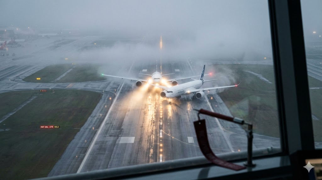 Two aircraft in close proximity on foggy runway showing runway incursion scenario with one aircraft on takeoff roll