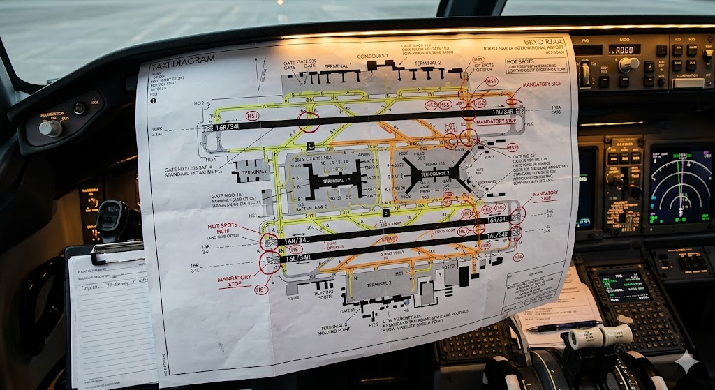 Complex airport surface movement taxi diagram showing runway crossing points and hotspots relevant to runway incursion risk