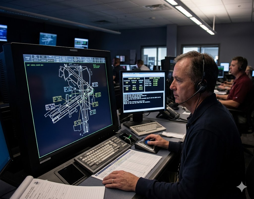 ATC ground controller monitoring ASDE airport surface detection equipment to prevent runway incursion at complex airport