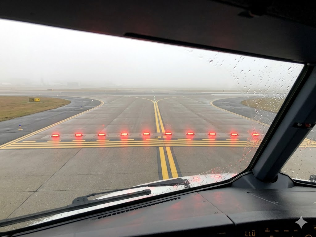 Runway incursion prevention: CAT III holding point markings and red stop bar lights on taxiway before active runway