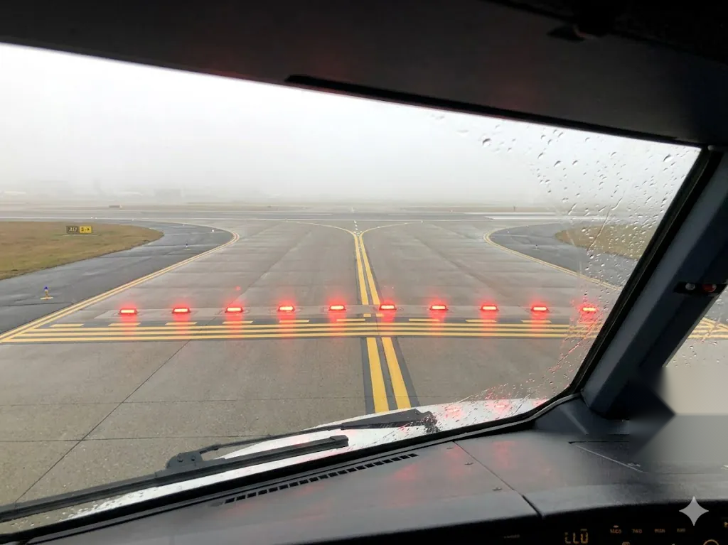 Runway incursion prevention: CAT III holding point markings and red stop bar lights on taxiway before active runway