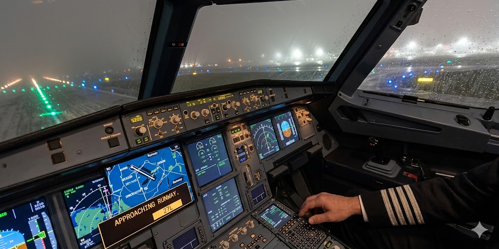 Commercial aircraft cockpit showing RAAS runway awareness advisory system alert for runway incursion prevention