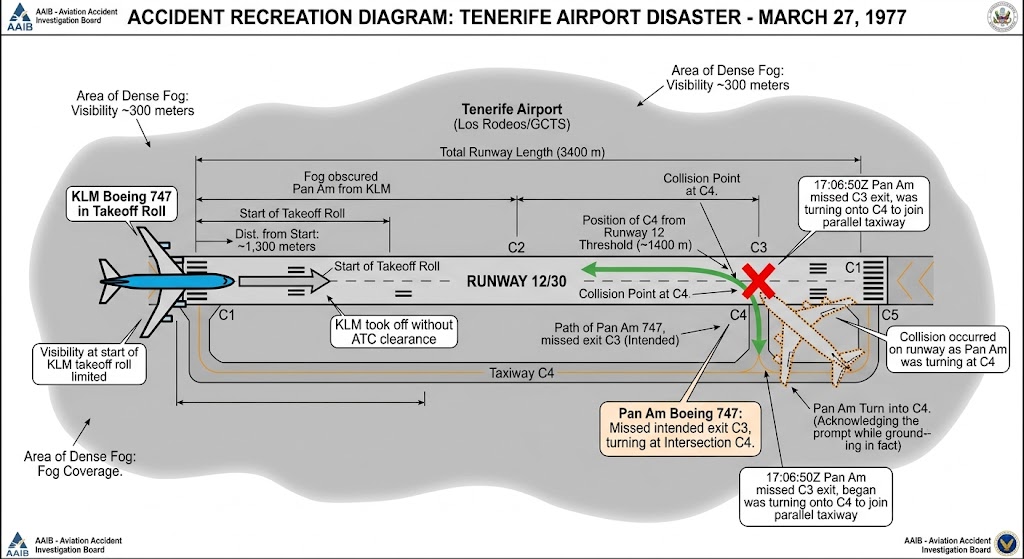 Technical diagram showing Tenerife airport disaster 1977 runway incursion collision between KLM and Pan Am Boeing 747 aircraft