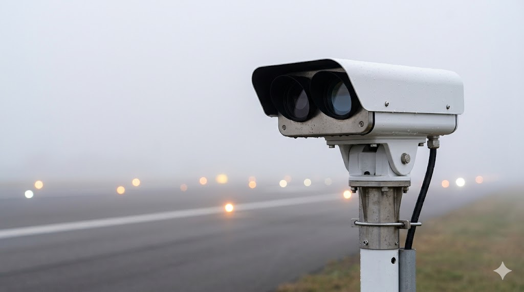 RVR transmissometer sensor at runway edge measuring visibility for landing in fog operations