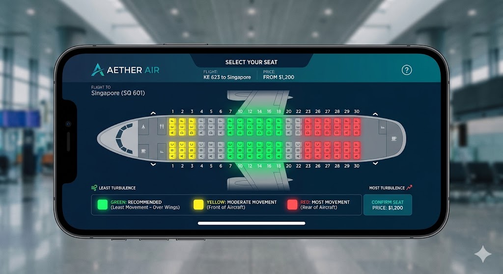 Airline seat map on smartphone showing color-coded zones for best seat on a plane selection: green over wings, yellow front, red rear