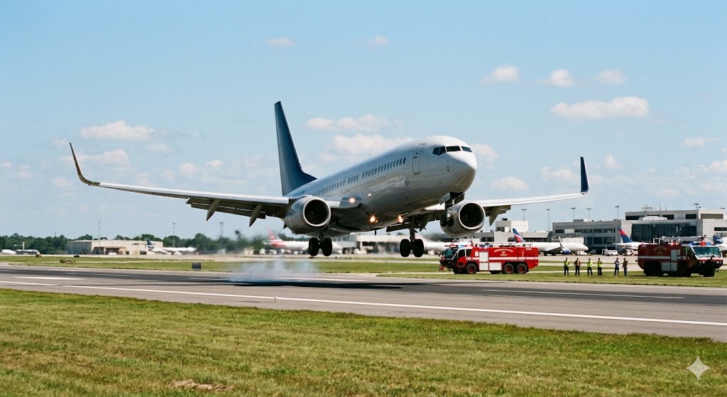 Commercial aircraft landing safely on runway with precautionary fire trucks positioned alongside after single engine shutdown