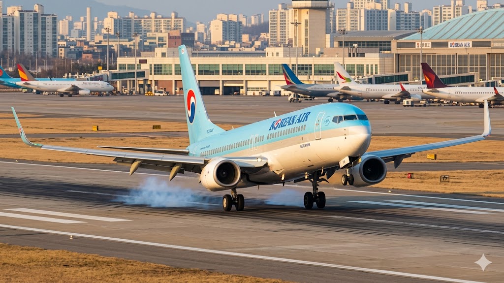 Smooth one-wheel touchdown during a crosswind landing with slight bank and tire smoke visible