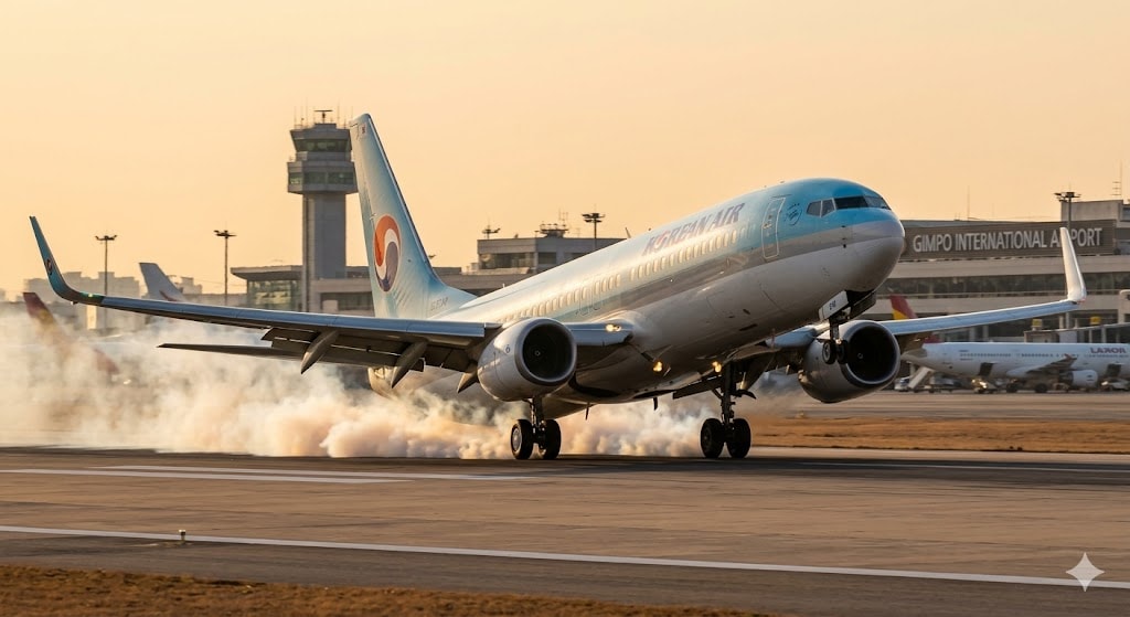 Commercial aircraft at moment of touchdown with tire smoke and thrust reversers deploying, showing the source of loud airplane sounds during landing