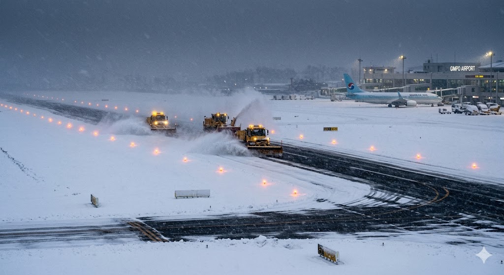 Flying in snow: commercial aircraft being deiced before winter departure at snow-covered airport