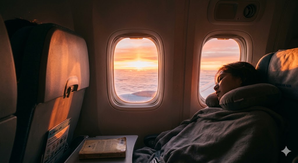 Golden sunrise viewed from airplane window at end of a night flight with warm light flooding cabin and sleeping passenger