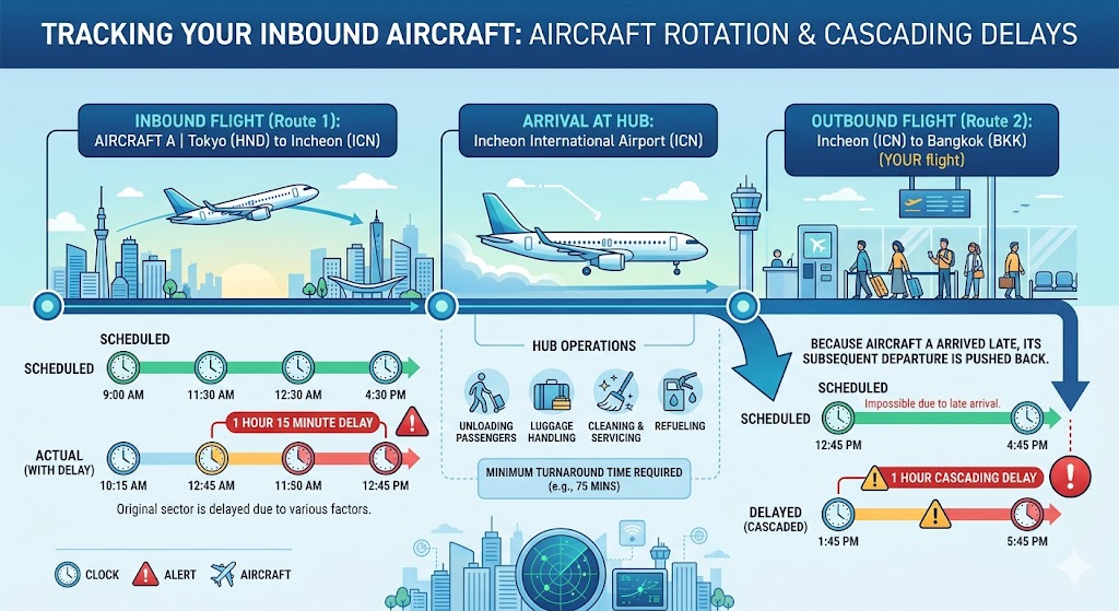 Infographic showing how to track your flight by monitoring the inbound aircraft from its previous route to predict delays