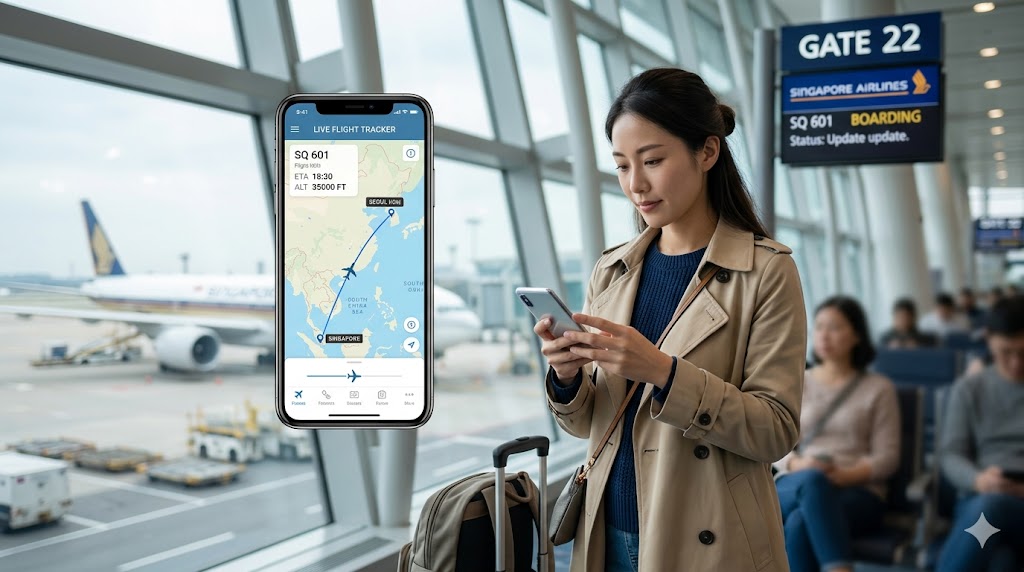 Traveler at airport holding smartphone showing flight tracking app to track your flight with live aircraft position on map