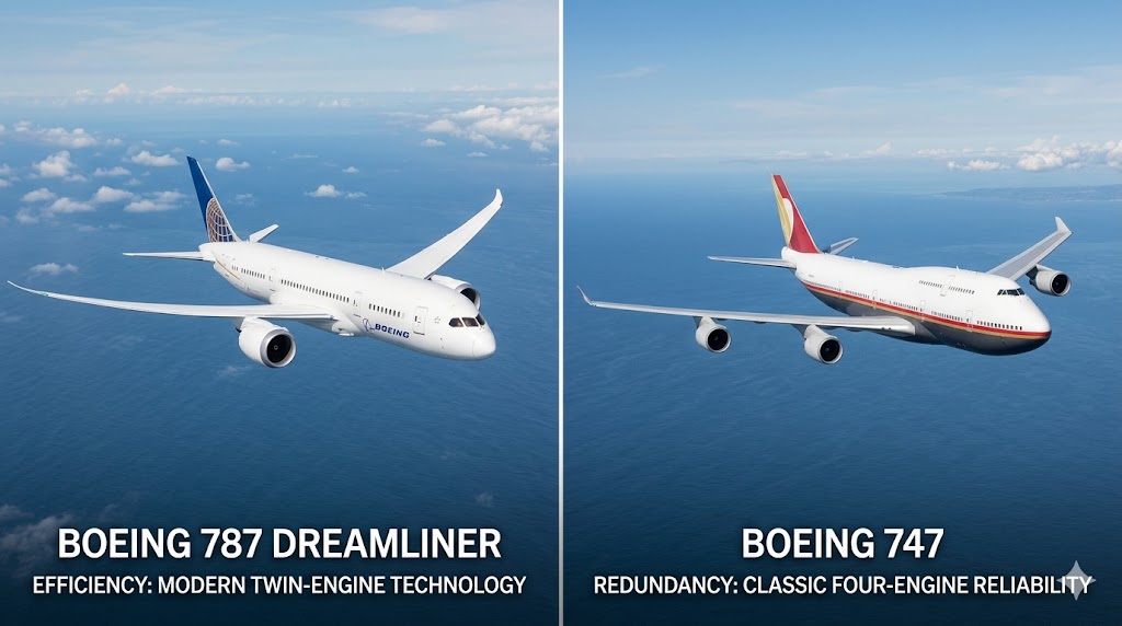 Split comparison of twin-engine Boeing 787 vs four-engine Boeing 747, illustrating the efficiency revolution enabled by ETOPS and EDTO