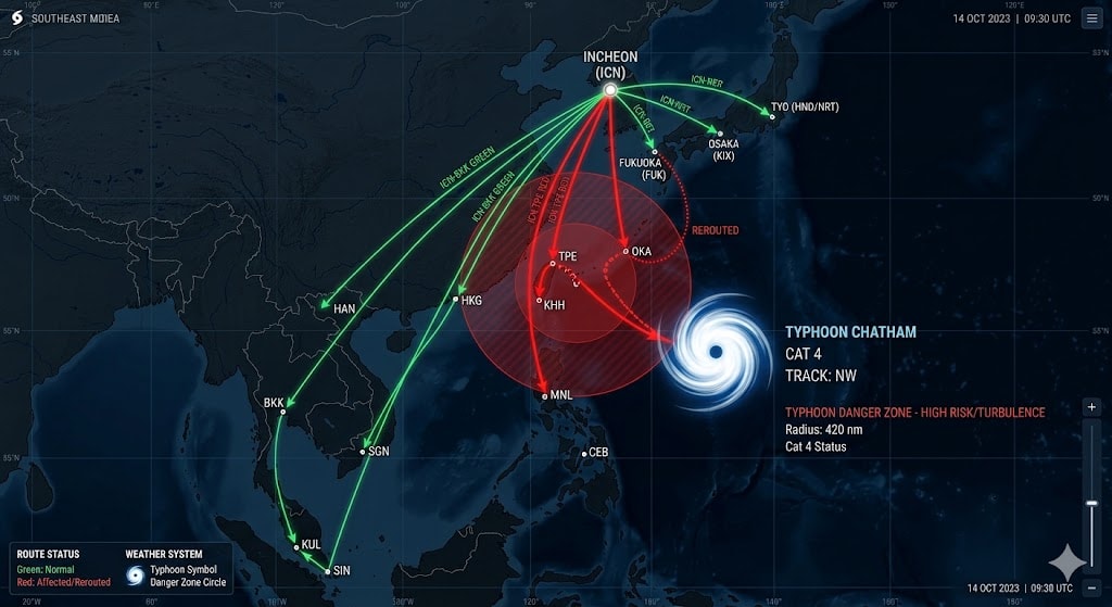 Map showing Korean LCC flight routes to Japan and Southeast Asia with typhoon danger zone overlapping Okinawa, Taipei, and Manila routes