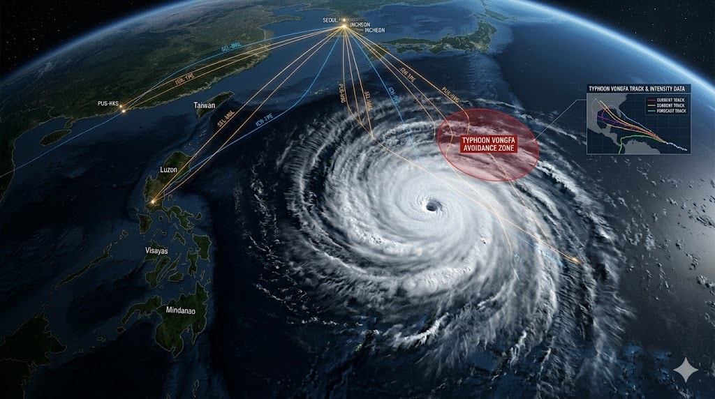 Typhoon season flights at risk: satellite view of super typhoon over Western Pacific approaching Philippines and Taiwan
