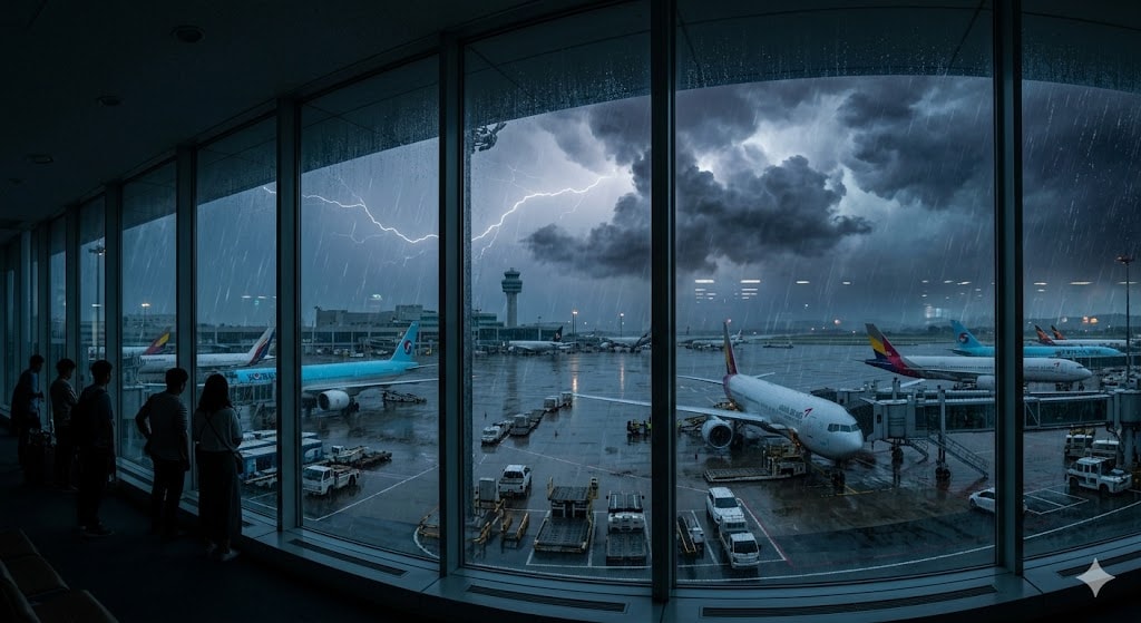 Commercial airport during severe weather with heavy rain, grounded aircraft, and lightning in dark sky causing flight delays