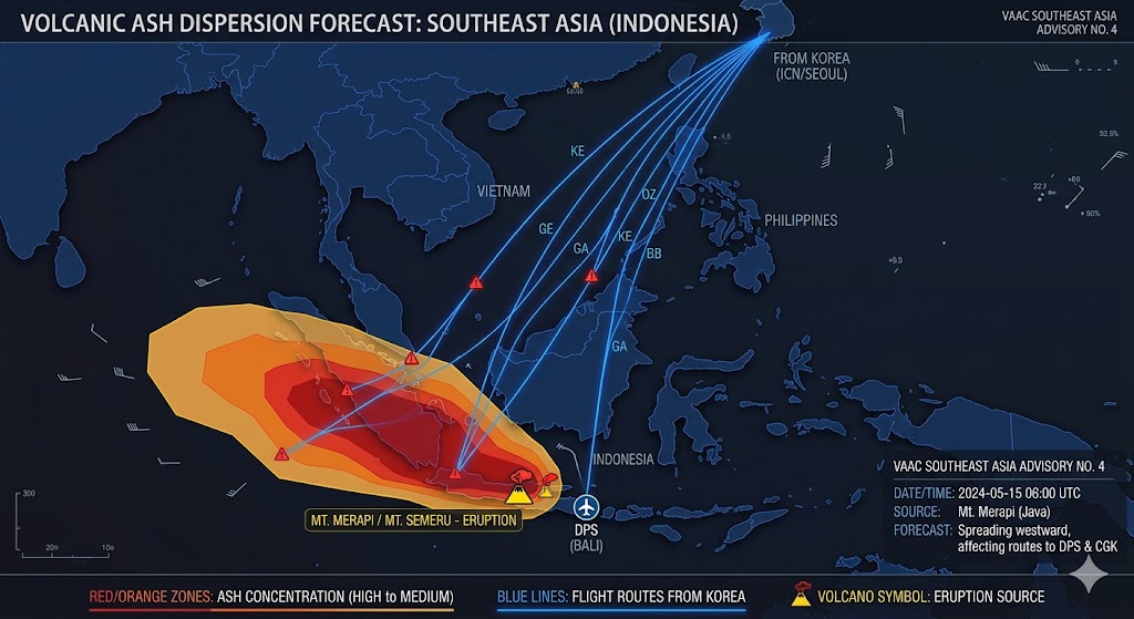 Volcanic Ash Advisory Center map showing ash cloud spreading from Indonesia volcano across flight routes to Bali affecting volcanic ash flights