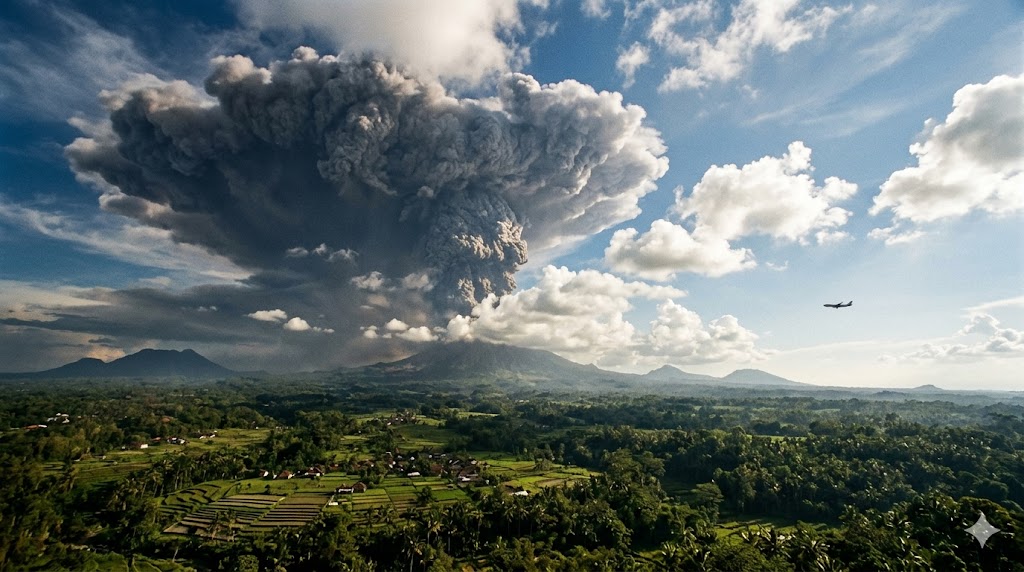Massive volcanic eruption with towering ash column and commercial aircraft avoiding the volcanic ash zone over Indonesia