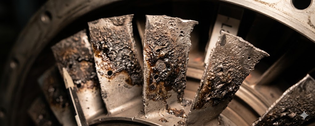 Damaged jet engine turbine blades showing erosion and melted glass deposits from volcanic ash exposure