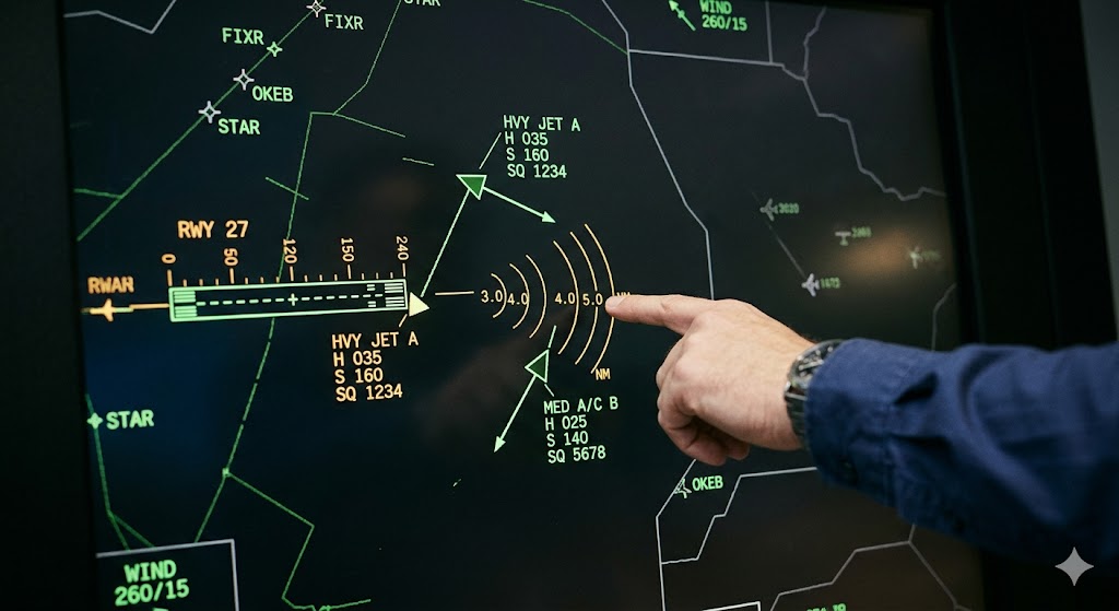 ATC radar screen showing aircraft separation distance enforcement for wake turbulence avoidance between heavy and medium aircraft