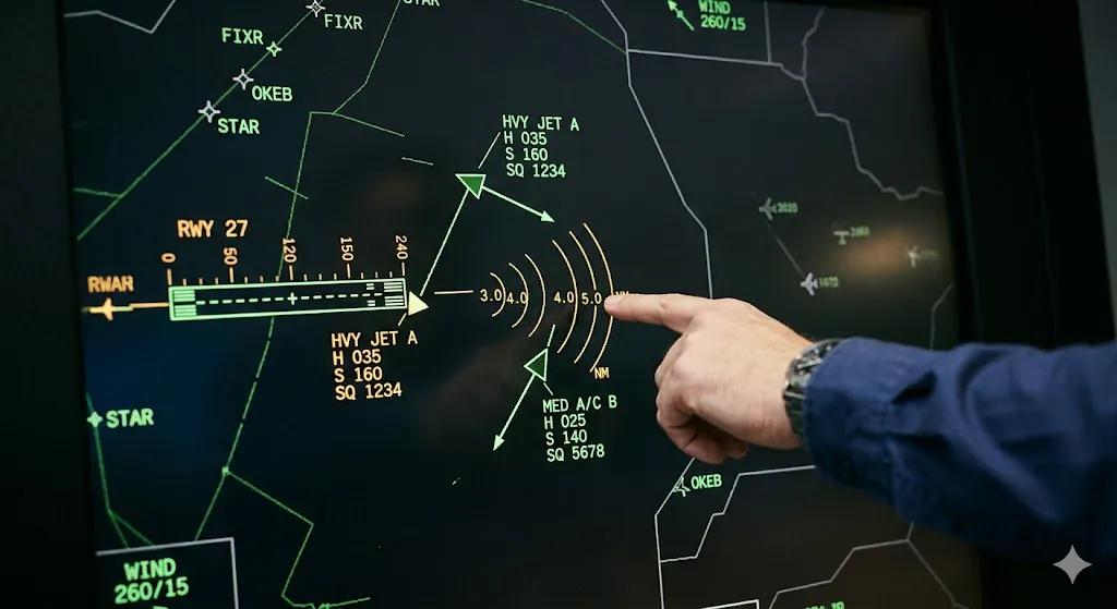 ATC radar screen showing aircraft separation distance enforcement for wake turbulence avoidance between heavy and medium aircraft