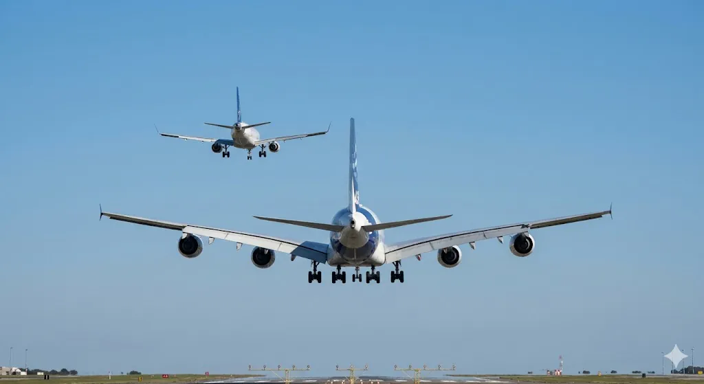 Large widebody aircraft on approach followed by small regional jet at safe separation distance showing wake turbulence size disparity