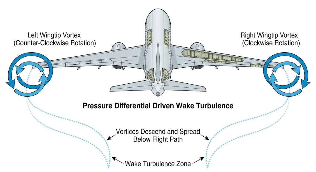 Technical diagram showing wake turbulence wingtip vortex generation from commercial aircraft wing showing counter-rotating vortex pattern