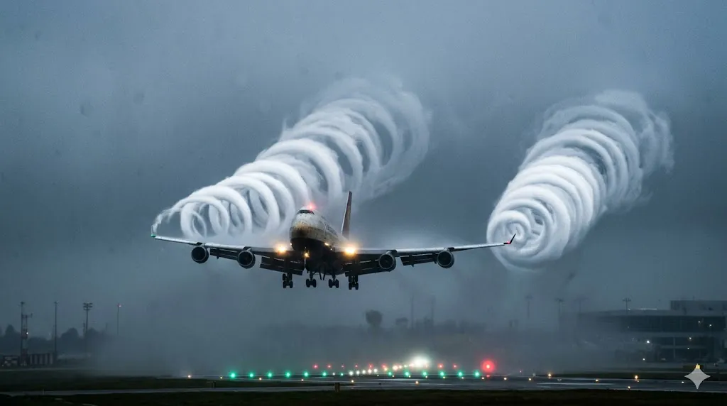 Large commercial aircraft on approach with massive wingtip vortices visible as white condensation spirals trailing from both wingtips during wake turbulence generation