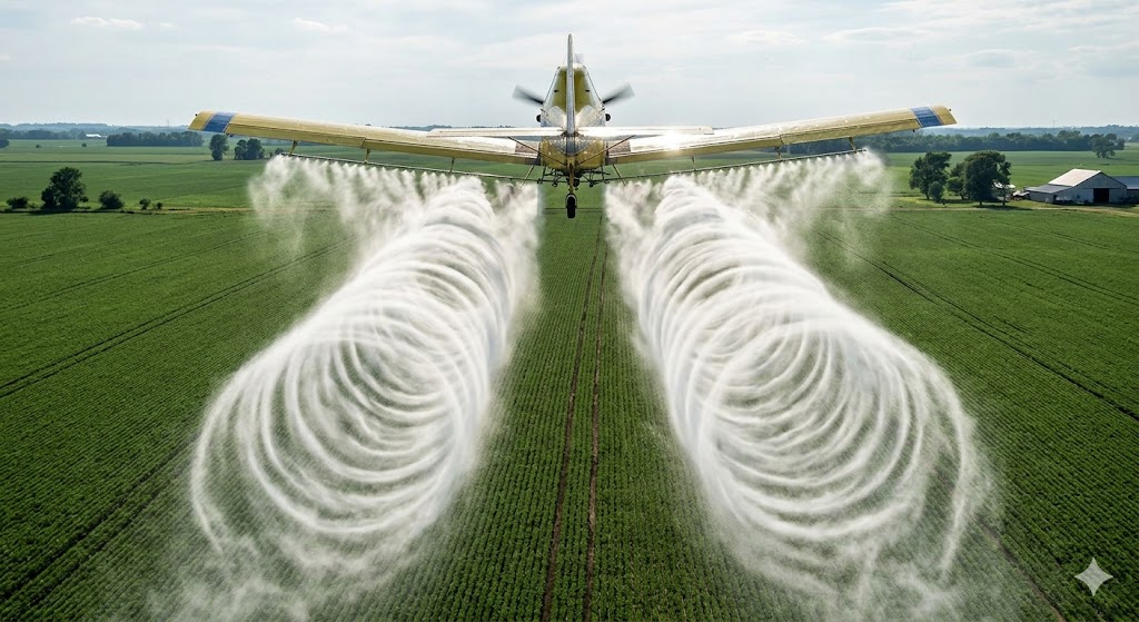 Wingtip vortices made visible by moisture showing the counter-rotating corkscrew structure of wake turbulence behind an aircraft