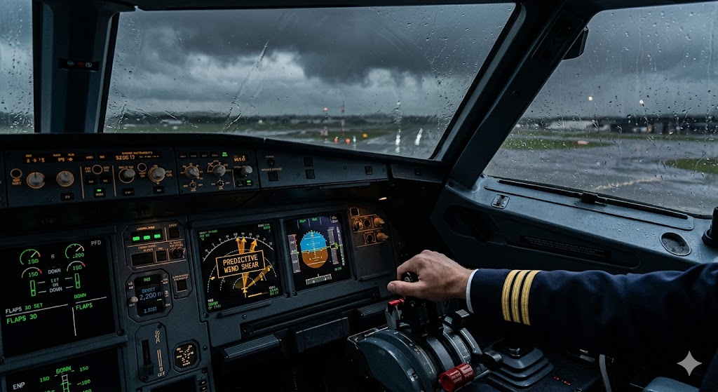 Commercial aircraft cockpit showing predictive wind shear warning alert on navigation display during approach in adverse weather