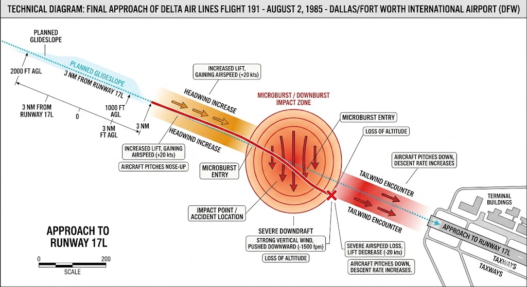 Aviation diagram showing Delta Air Lines Flight 191 wind shear microburst encounter approach path and impact at Dallas Fort Worth 1985