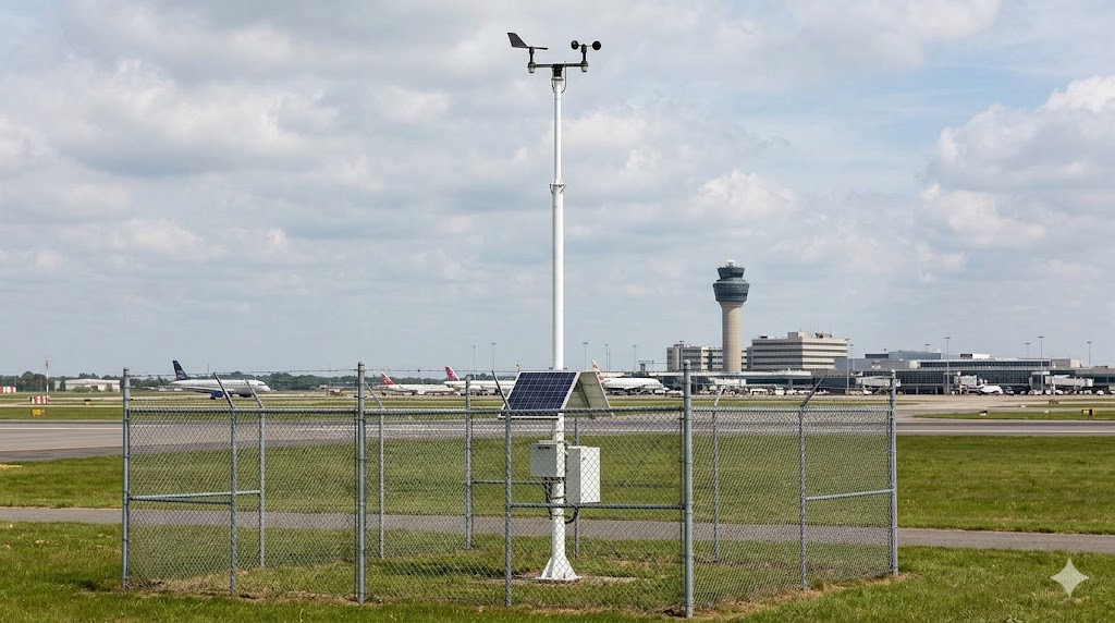 LLWAS Low Level Wind Shear Alert System anemometer sensor at airport perimeter for wind shear detection on approach