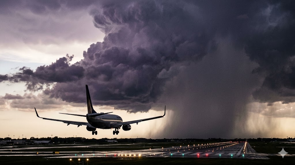 Commercial aircraft on final approach with massive cumulonimbus thunderstorm cell and rain shaft visible creating wind shear hazard
