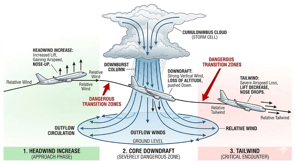 Technical diagram showing microburst wind shear pattern with aircraft approach path through headwind to downdraft to tailwind transition zones
