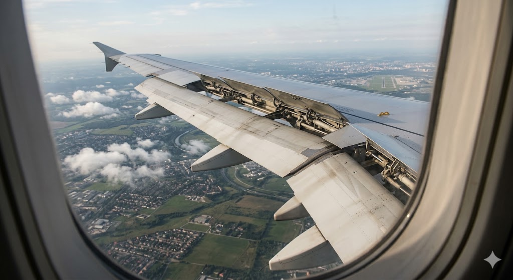 View from window seat showing wing flaps and slats fully extended during approach, explaining whirring airplane sounds before landing