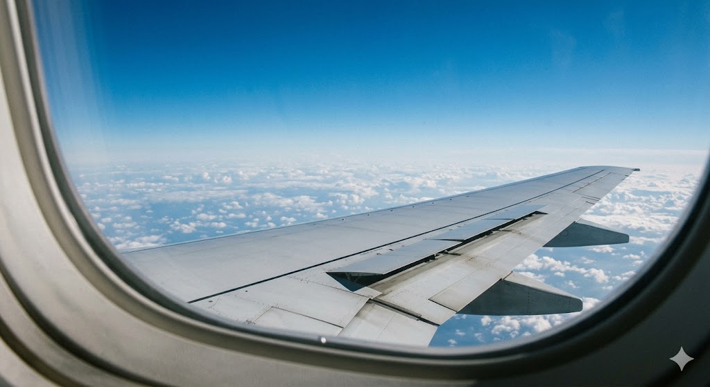 Passenger window seat view of aircraft wing during smooth cruise flight, demonstrating why over-wing is the best seat on a plane for comfort